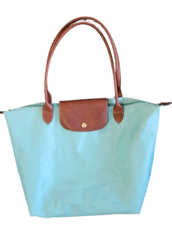 Longchamp Le Pliage Medium Tote Bag Blue Nylon Brown Leather Foldable bag - Picture 2 of 14